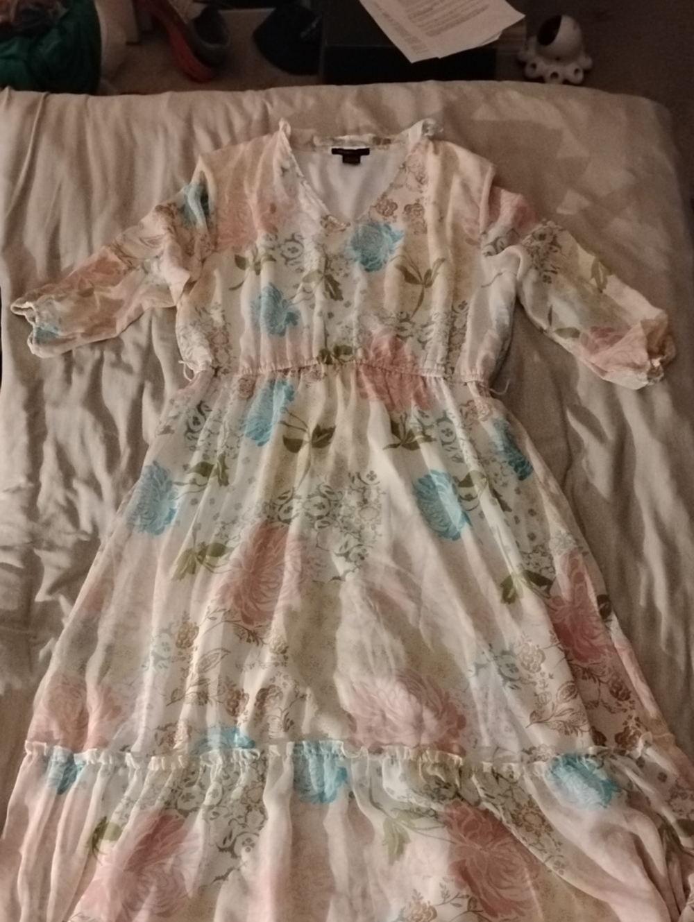Robert Louis Cream Floral Long Sleeve Ruffle Hem Dress with Pink & Blue Blooms